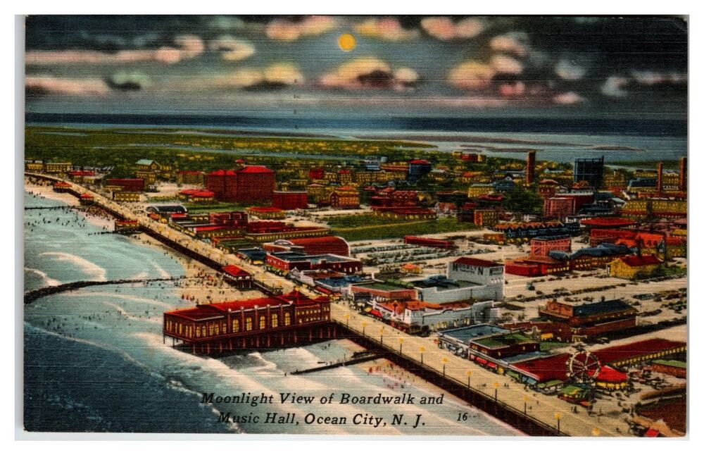 1950 Ocean City NJ Moonlight Boardwalk Music Hall Vintage Postcard Posted